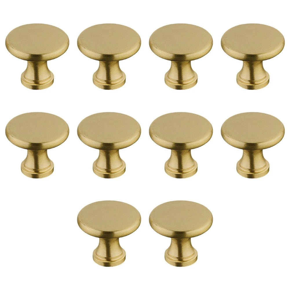 10 Pack Solid Brass Cabinet Knobs Brushed Satin Gold 1.18 Inch Diameter