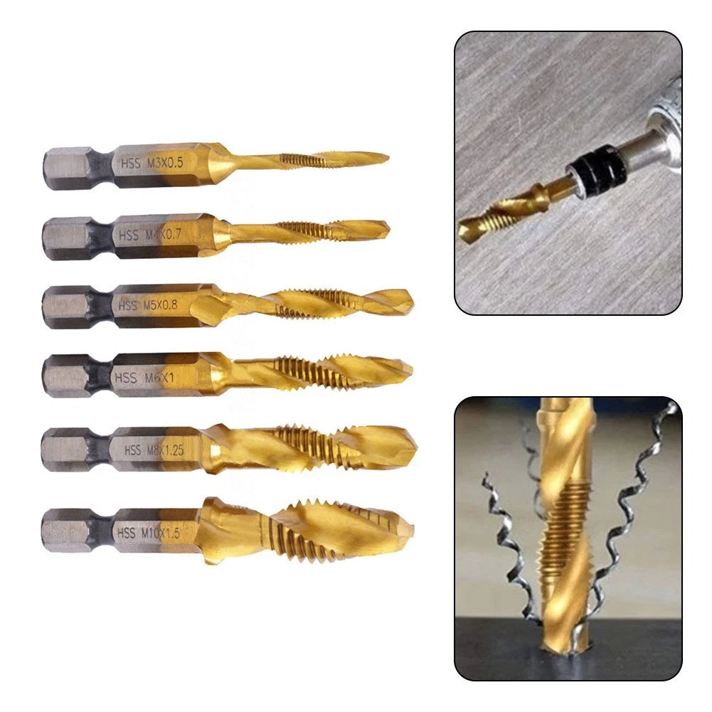 6pcs HSS Metric Thread Tap Drill Set Hex Shank Plated 6 35MM