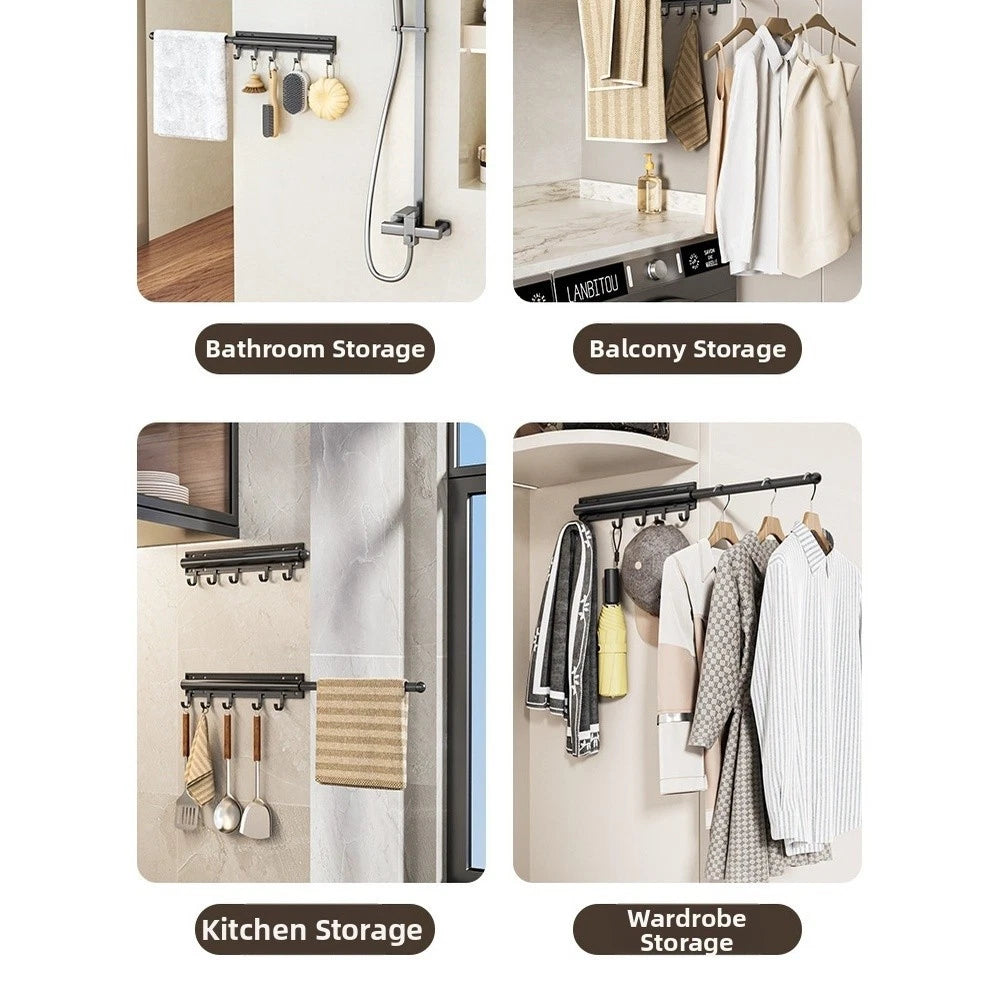 Adjustable Clothes Rod Wall Mounted with 4 Removable Hooks for Storage