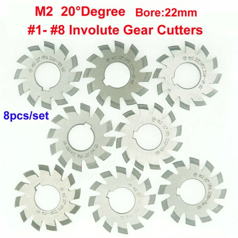 8-Piece HSS Gear Cutter Set Module 2 with 22mm Bore Diameter