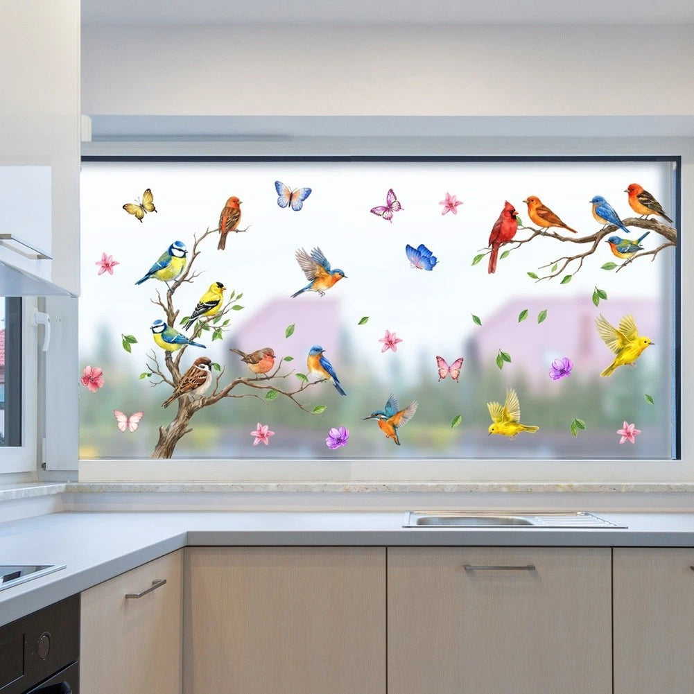 Colorful Bird Butterfly Plant Window Sticker PVC Cling for Home Office