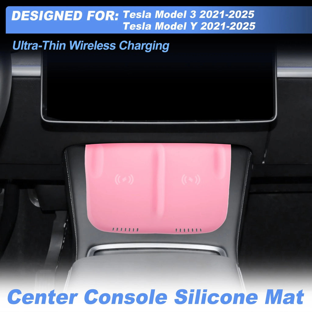 Center Console Silicone Mat for Tesla Model 3 (2021–2025) Wireless Charging Pad Pink