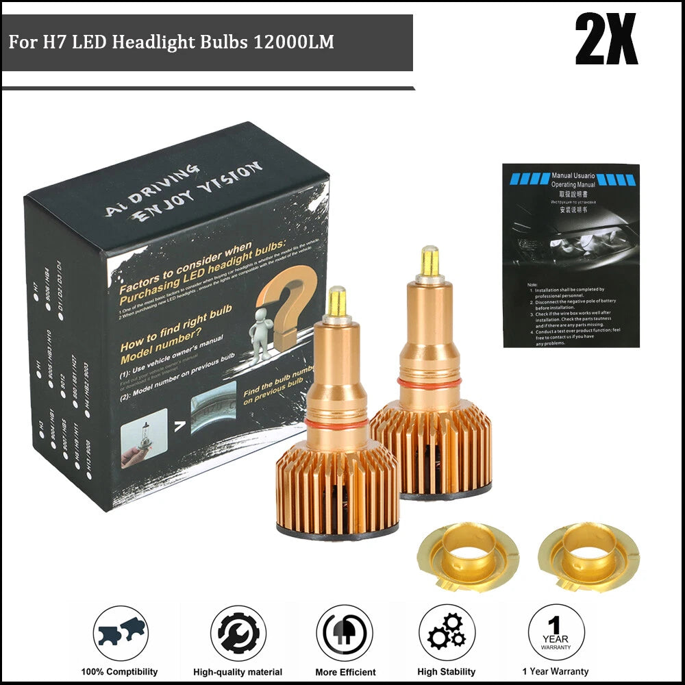 2X H7 SMD LED Headlight Bulbs 12000LM 6000K Conversion Kit