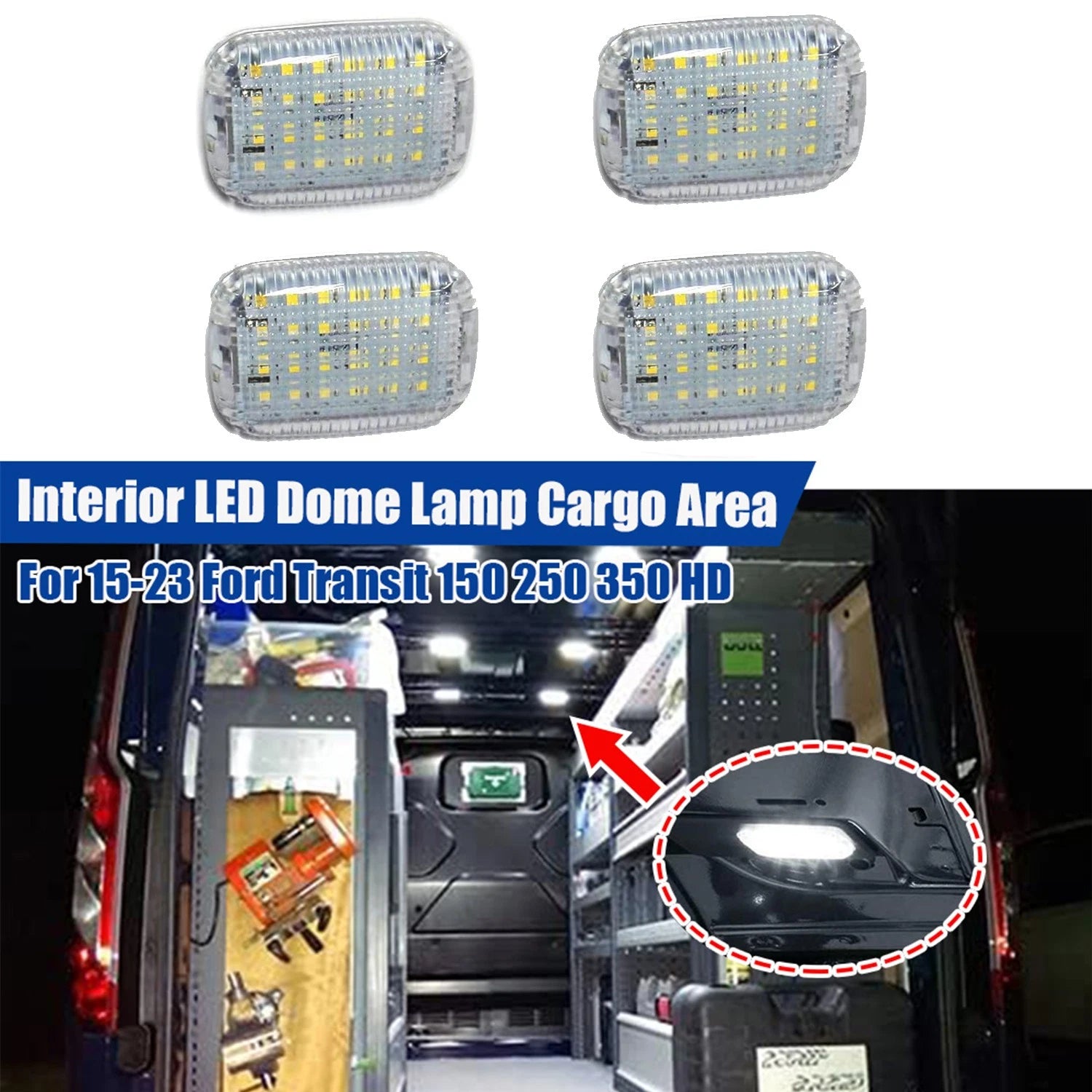 Set of 4 Interior LED Dome Lights for Ford Transit 150 250 350 (2015–2024)