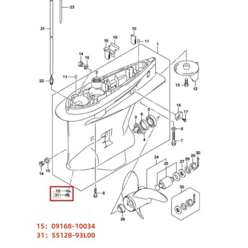 Lower unit drain plug with magnet for Suzuki Outboard DF150-DF350 (2003–2023)
