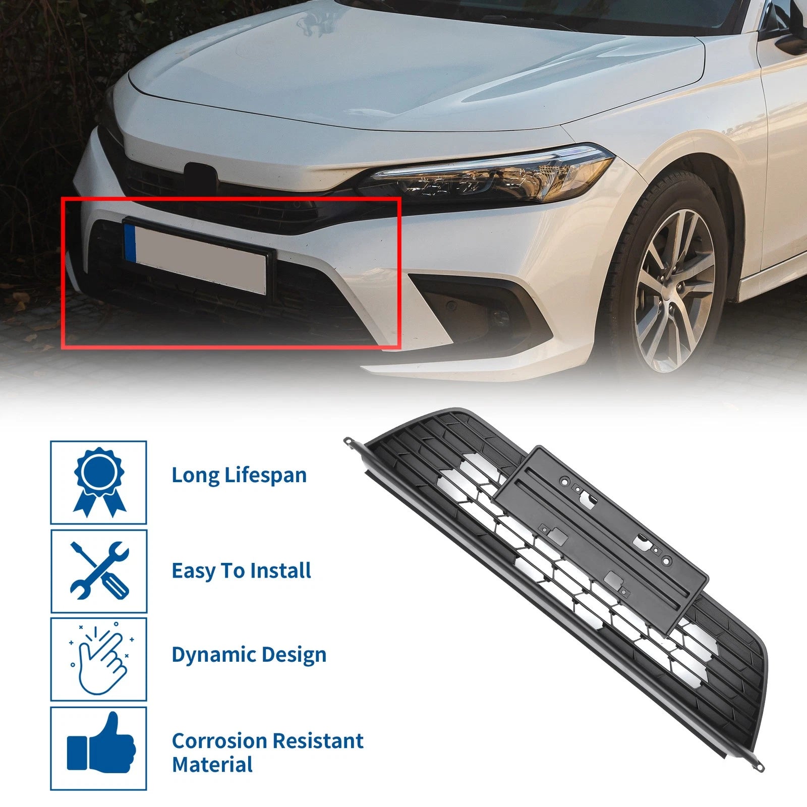 Front Upper Bumper Grille for Honda Civic (2022–2023) ABS Plastic Black