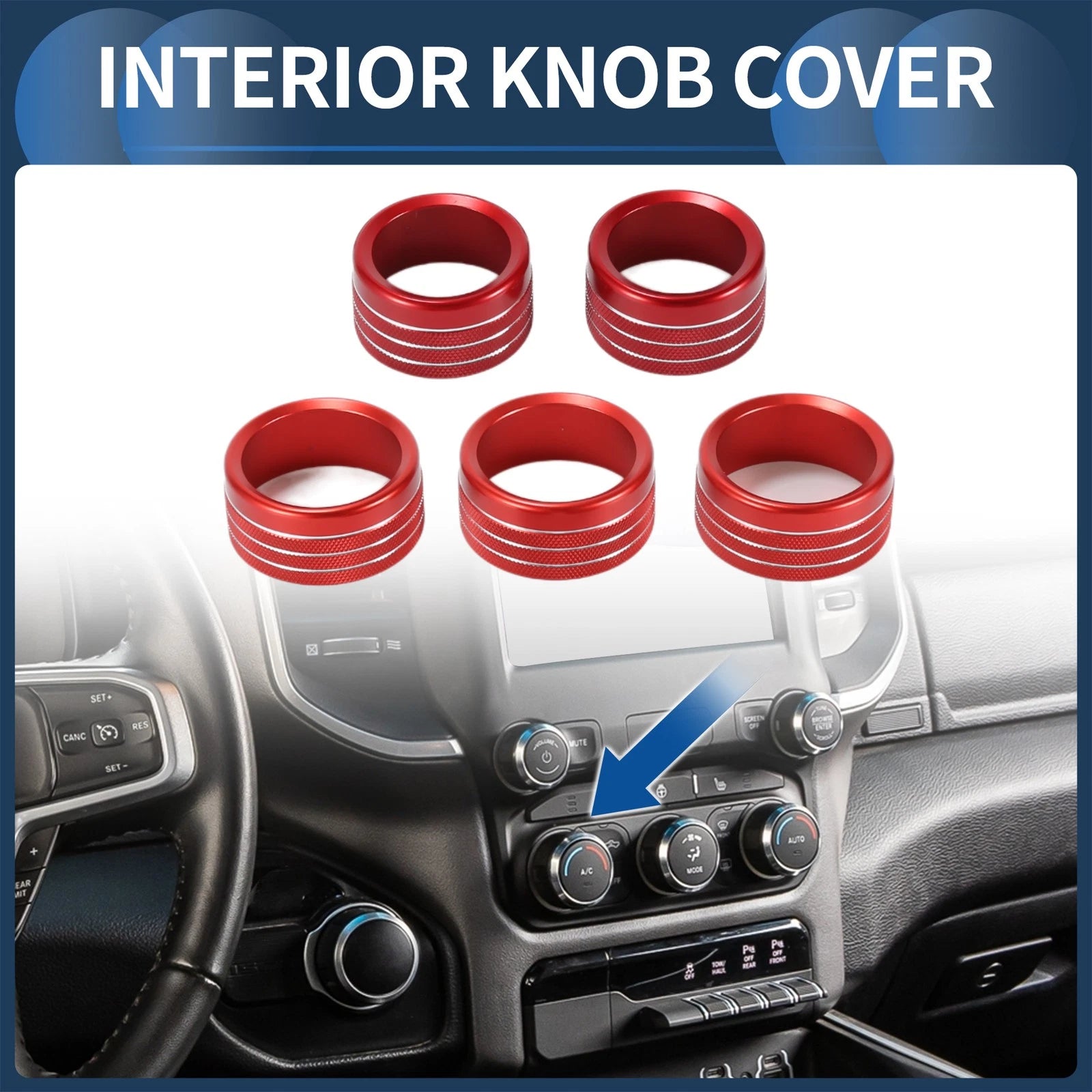 AC Media Volume Switch Knob Cover Ring for Dodge Ram (2018–2022) Red 5 Pack
