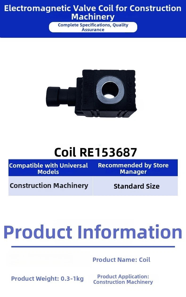 Solenoid Coil RE153687 for Excavator 6120 6155J 6220 (12V DC)