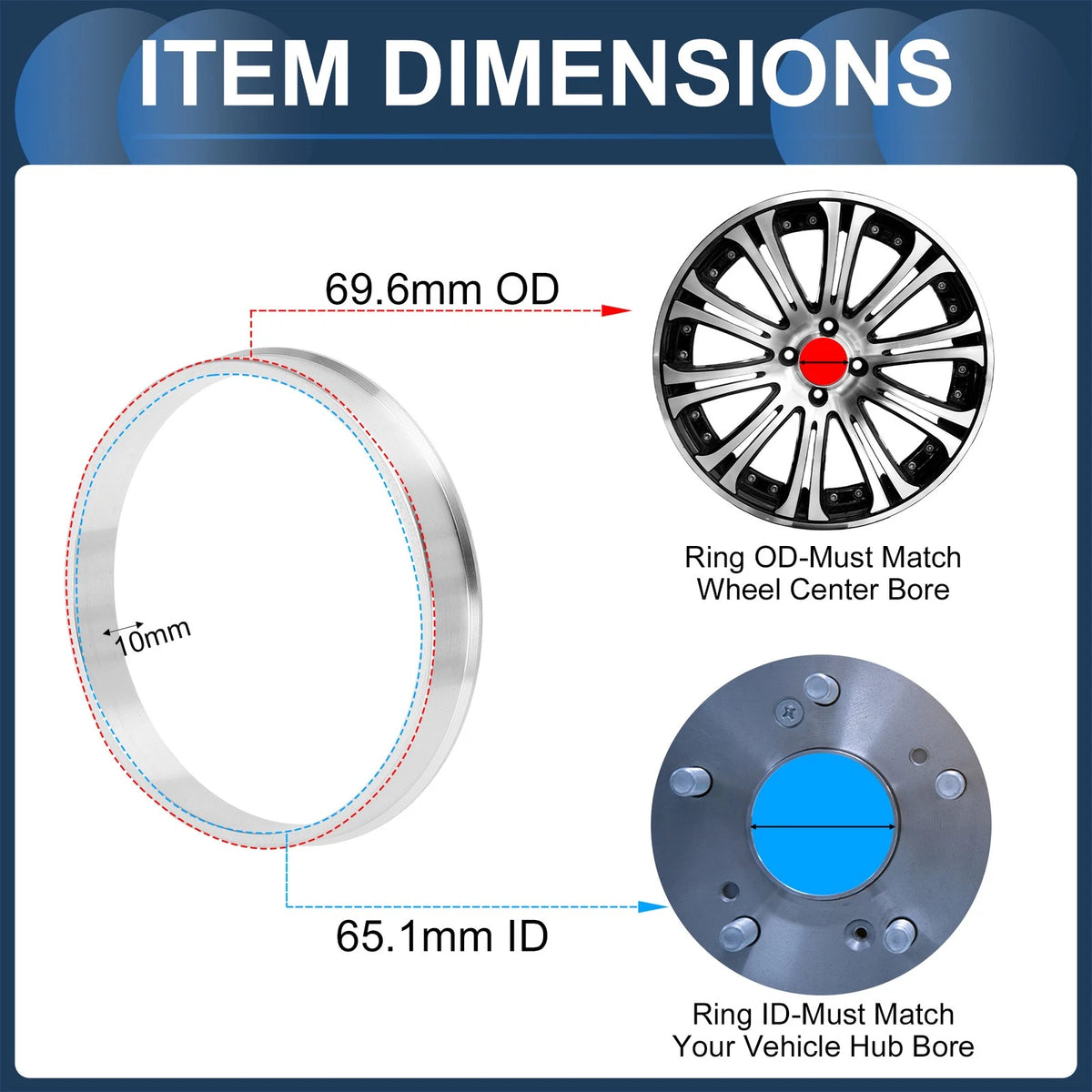 Set of 4 Wheel Hub Centric Rings for OD 69.6mm ID 65.1mm