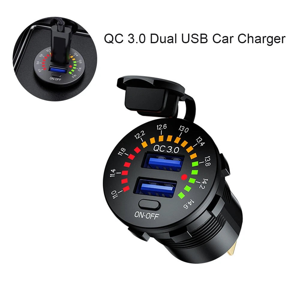 36W Dual USB Fast Charger Socket with LED Voltmeter ON/OFF Switch (12-24V)