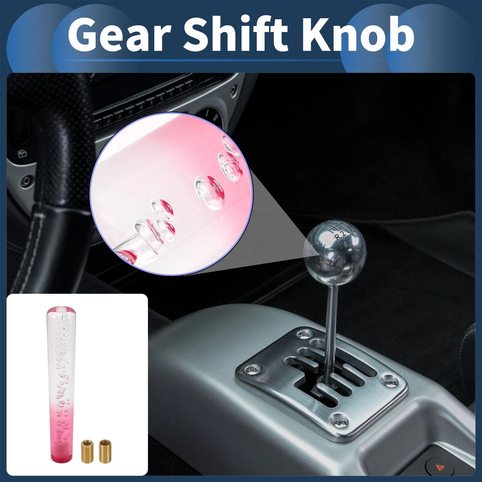 Shift Knob for Universal Vehicles (25cm, Clear Pink, 2 Adapters)