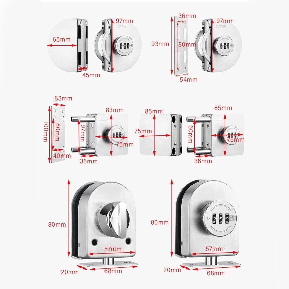 3-Digit Combination Frameless Glass Lock - Indoor/Outdoor Use