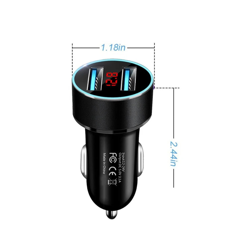Dual USB Car Phone Charger for Universal Use (3.1A, LED Display)