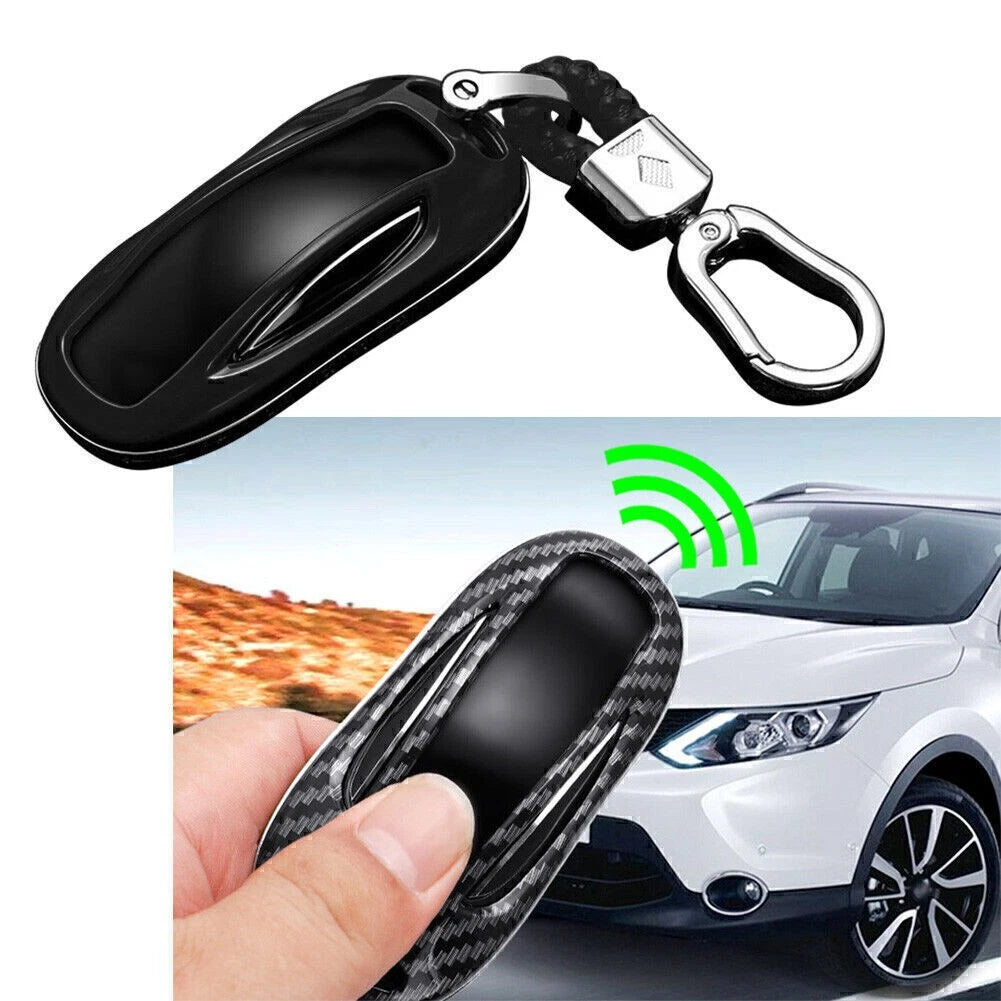 Black Carbon Fiber Car Smart Key Fob Case Cover Accessories For Tesla Model X
