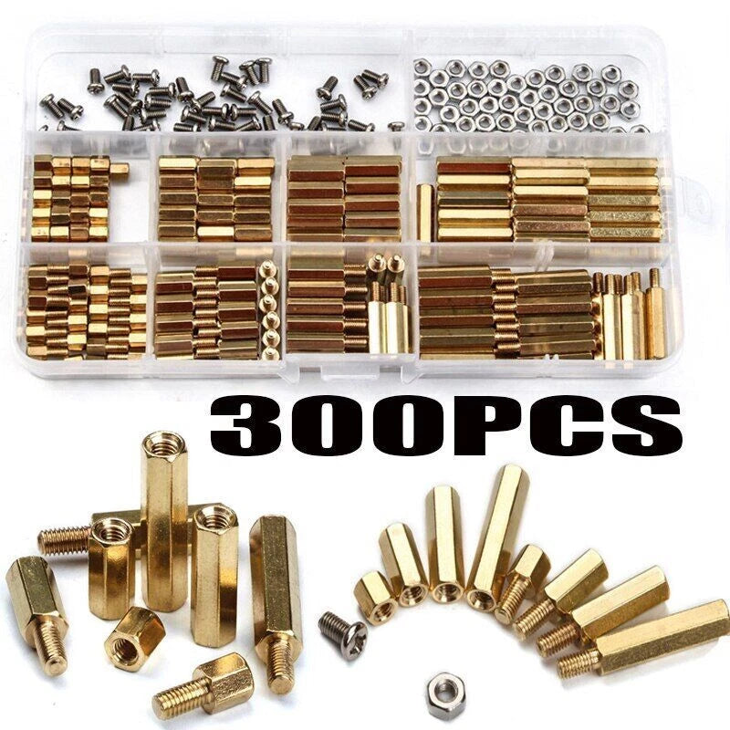300pc M3 Brass Hex Column Standoff Spacer Screw Nut Assortment Kit