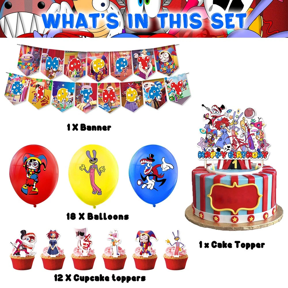 Digital Circus Party Supplies Set (Banner, Cake Topper, Balloon)