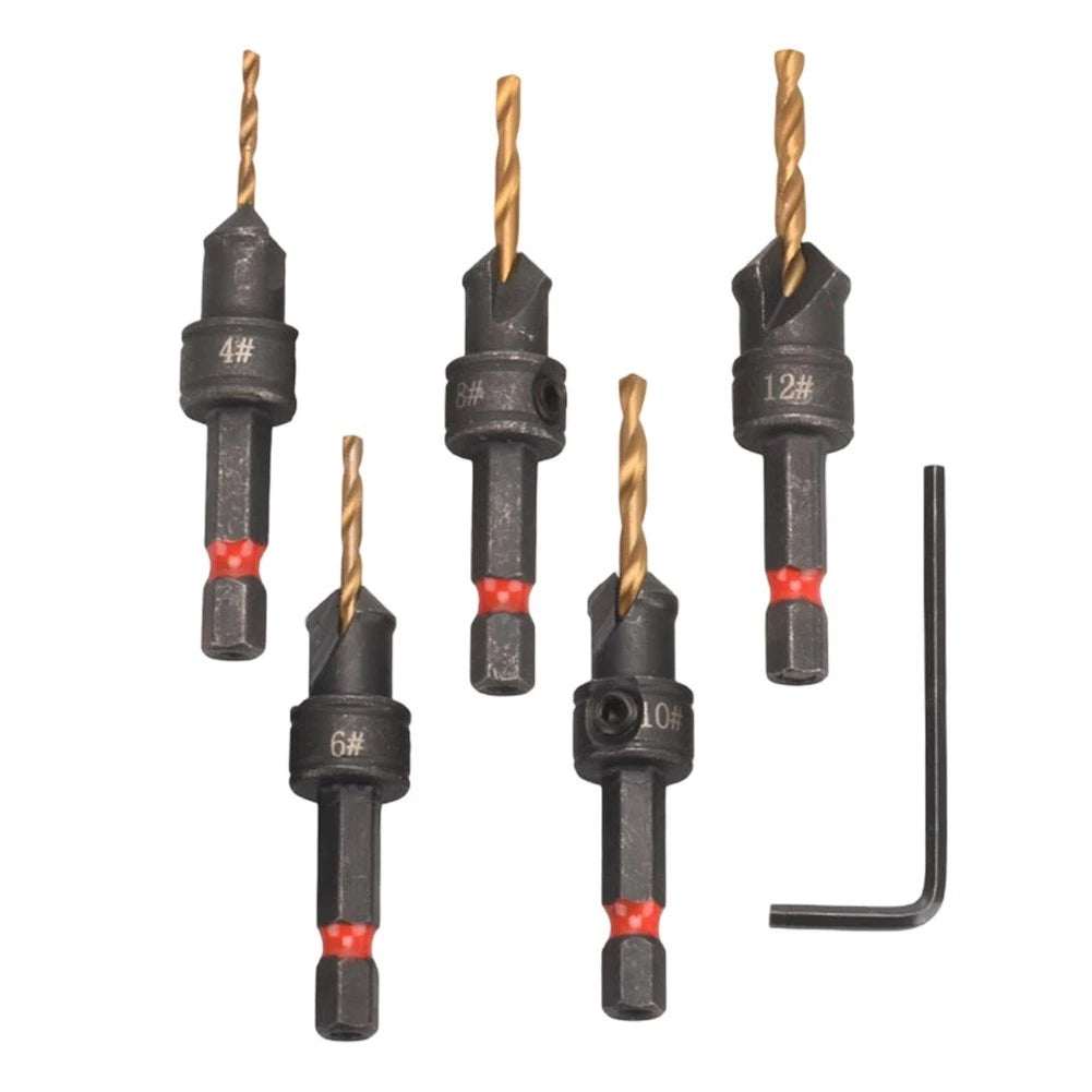 Countersunk Drill Bit Set with Hex Handle and Double Slot Design