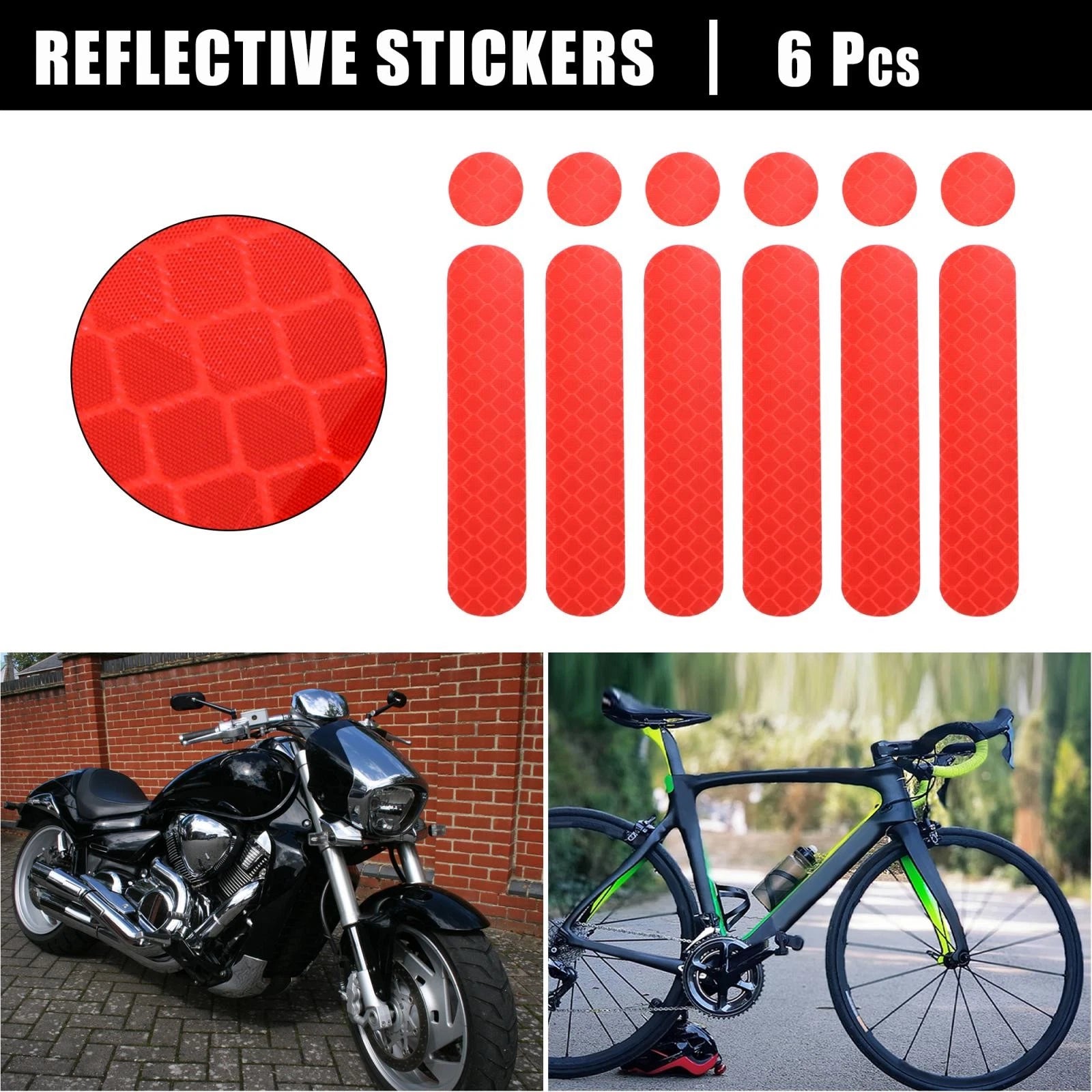 6pc Reflective Safety Stickers PET for Helmet Bicycle Motorcycle (Red)
