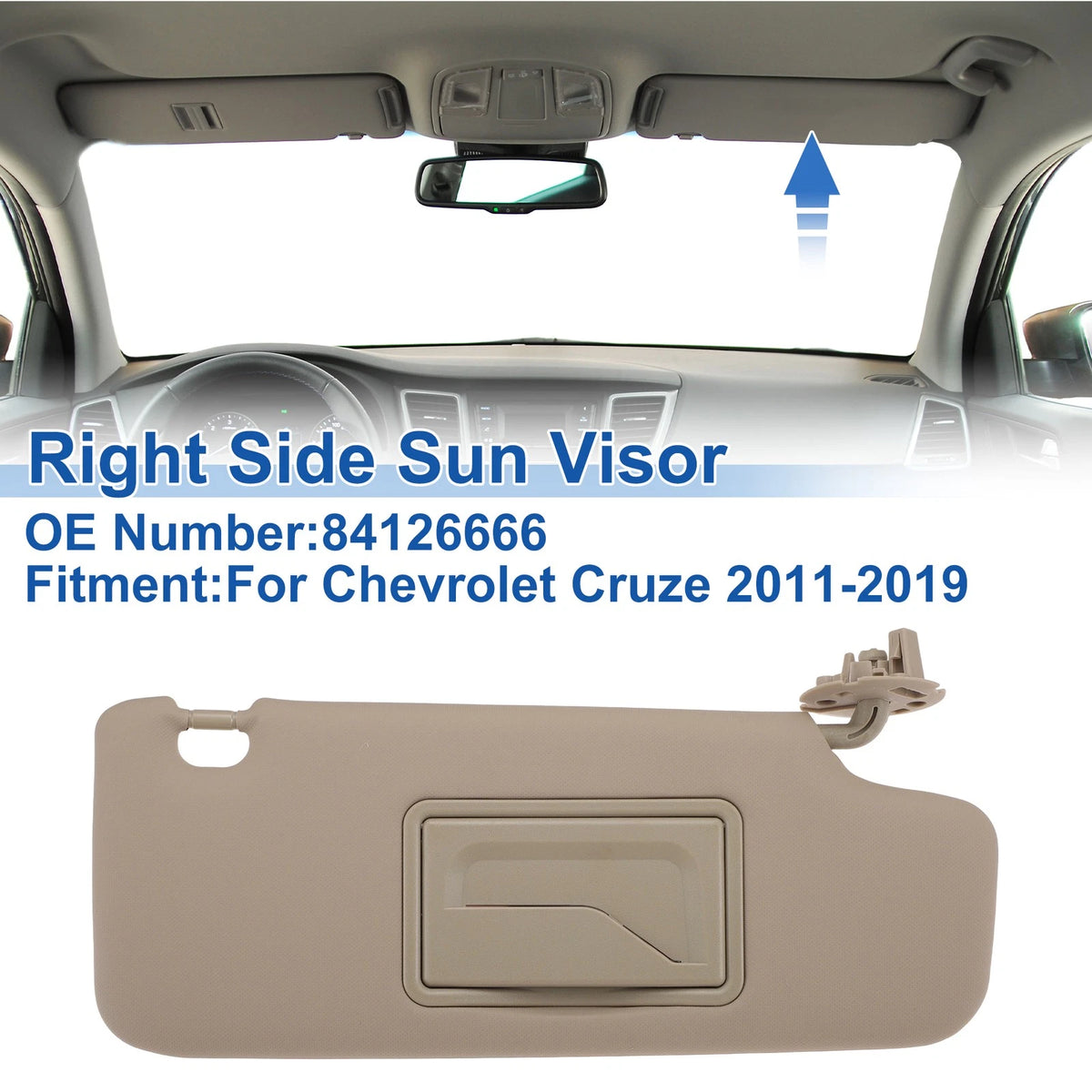 Right Side Sun Visor for Chevrolet Cruze (2011–2019) Replace No. 84126666 Beige