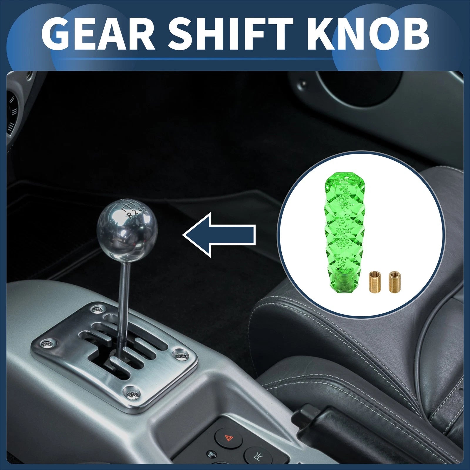 Crystal Shift Knob with 2 Adapters for Universal Fit (15cm, Green)