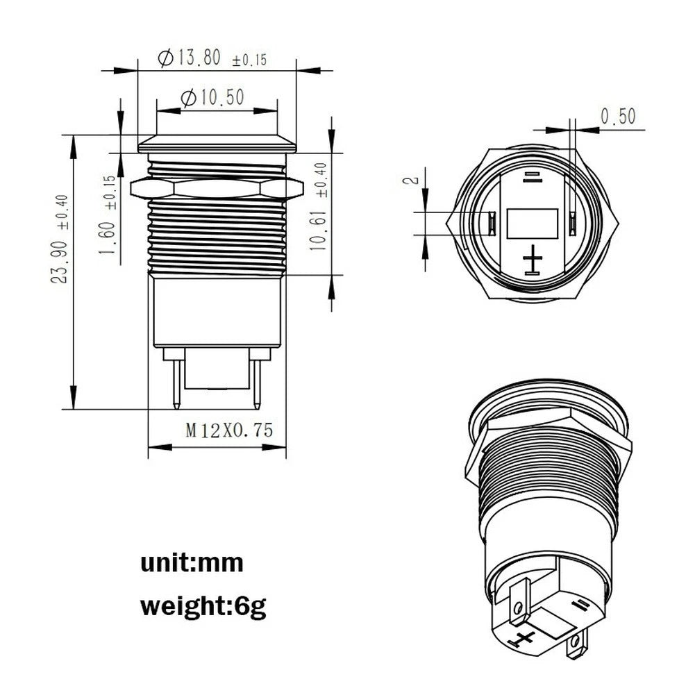 12mm Metal Push Button Switch with Wire IP65 Protection 50V 440V