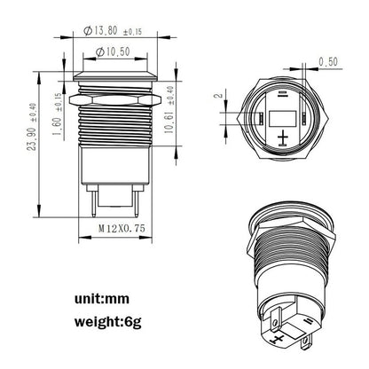 12mm Metal Push Button Switch with Wire IP65 Protection 50V 440V