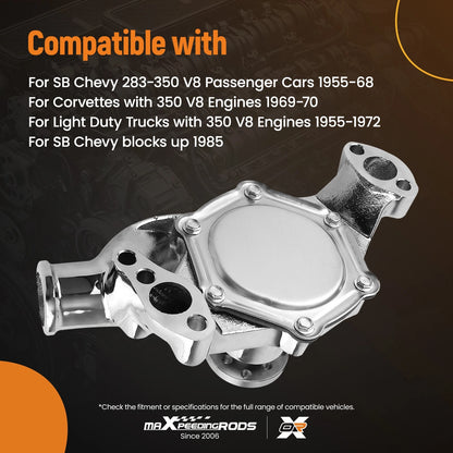 Short Water Pump Assembly for Chevrolet 283-350 V8 (1955–1972) Chrome Pulley Kit