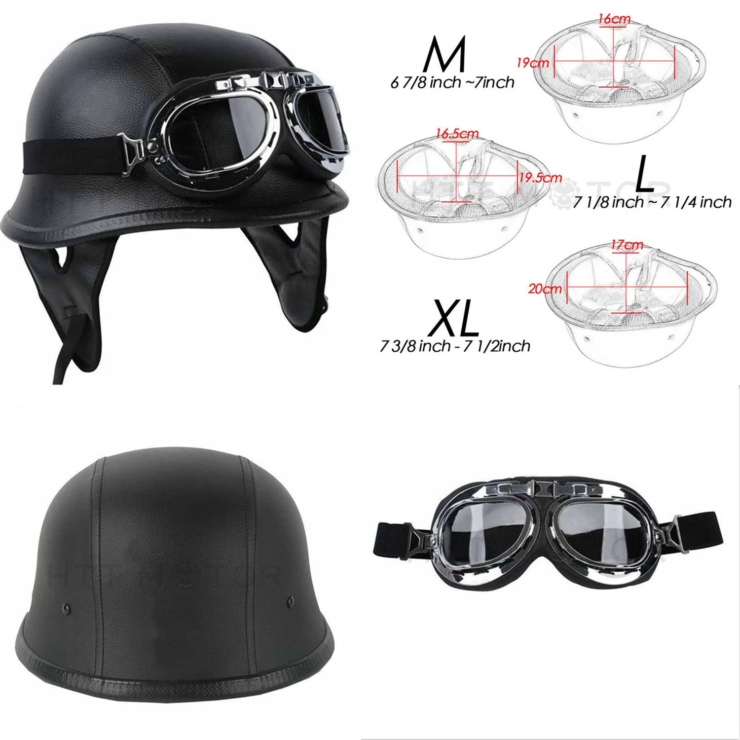 Half Face Helmet for Motorcycle (M/L/XL) Black Leather DOT Approved