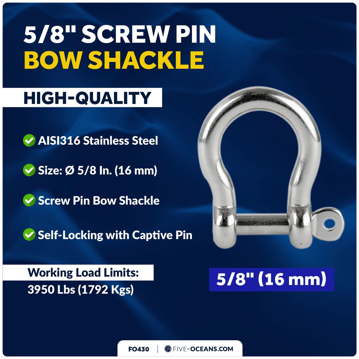 5/8" Screw Pin Bow Anchor Shackles for Five Oceans (AISI316)
