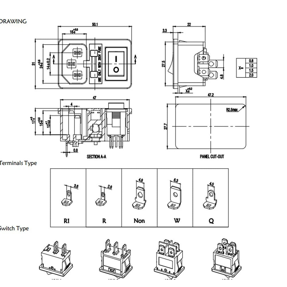 Power Inlet Outlet with Illuminated Rocker Switch for