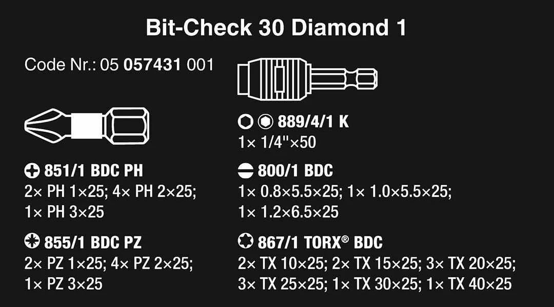 30-Piece Bit-Check Set with Diamond Coated Tips for (Wera 05057431001)