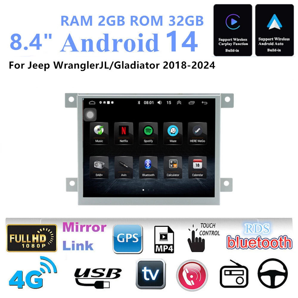 8.4" Head Unit GPS Navigation for Jeep Wrangler JL/Gladiator (2018–2024)