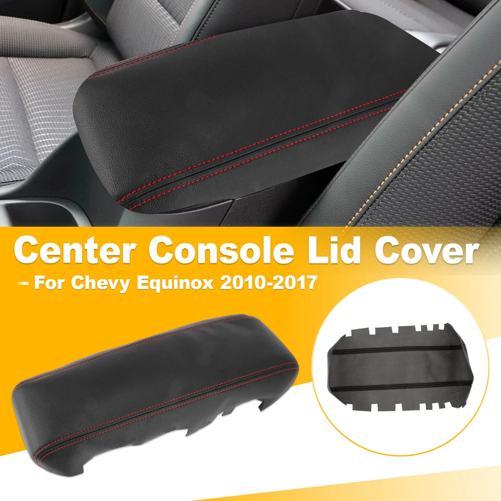 Black Leather Console Lid Armrest Cover for Chevy Equinox (2010–2017) Red Stitch