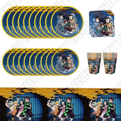 51 pcs Demon Slayer Tableware Set includes Plates, Cups, Napkins, Tablecloths
