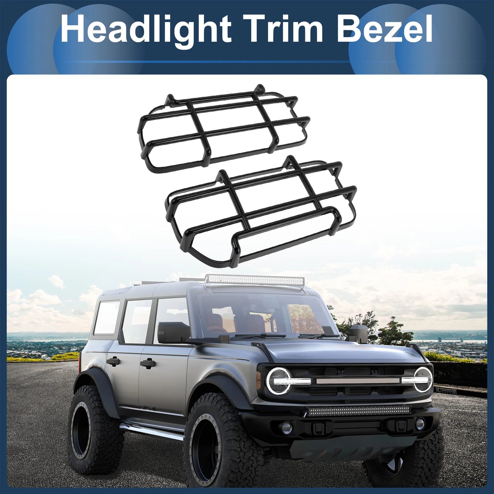 1 Pair Headlight Trim Bezel for Ford Bronco Black