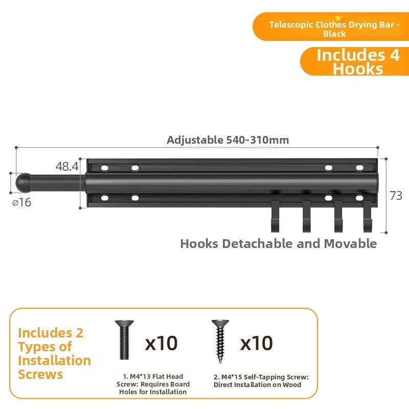 Space Saving Wall Mounted Clothes Rack with Adjustable Length and Hooks