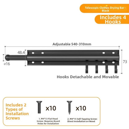 Space Saving Wall Mounted Clothes Rack with Adjustable Length and Hooks