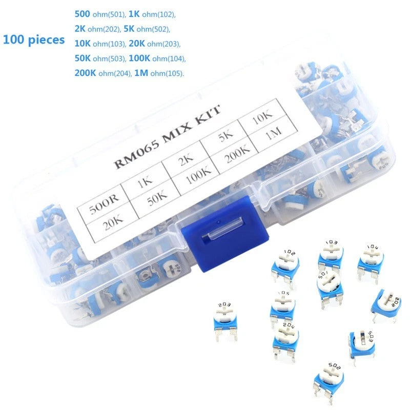 100Pcs Variable Resistor Potentiometer 500 Ohm-1M Ohm Trimpot