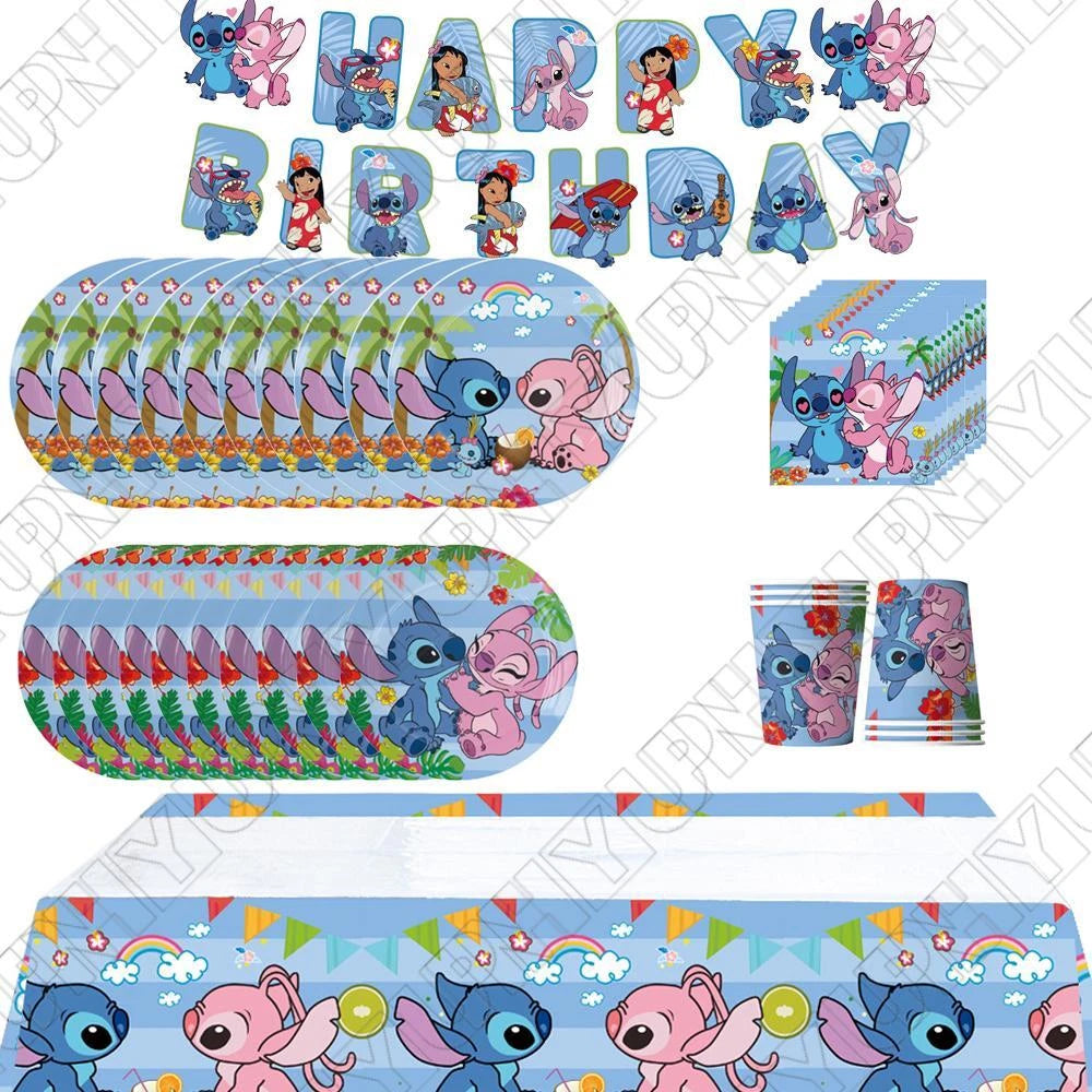 52pcs Stitch Party Tableware Includes Napkins Plates Tablecloth Cup Banner