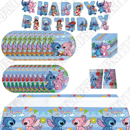 52pcs Stitch Party Tableware Includes Napkins Plates Tablecloth Cup Banner