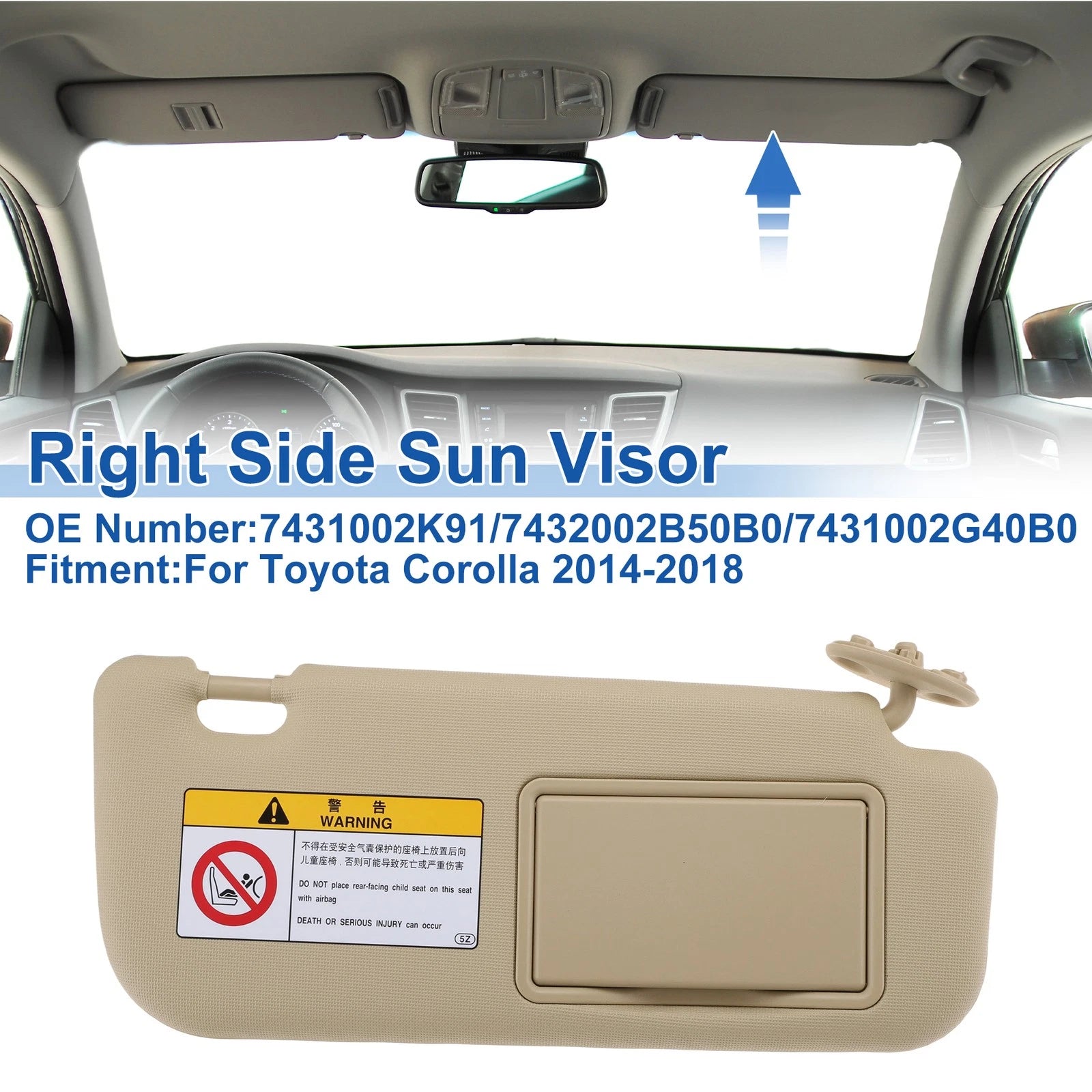 Right Side Sun Visor Replacement for Toyota Corolla (2014–2018) Beige