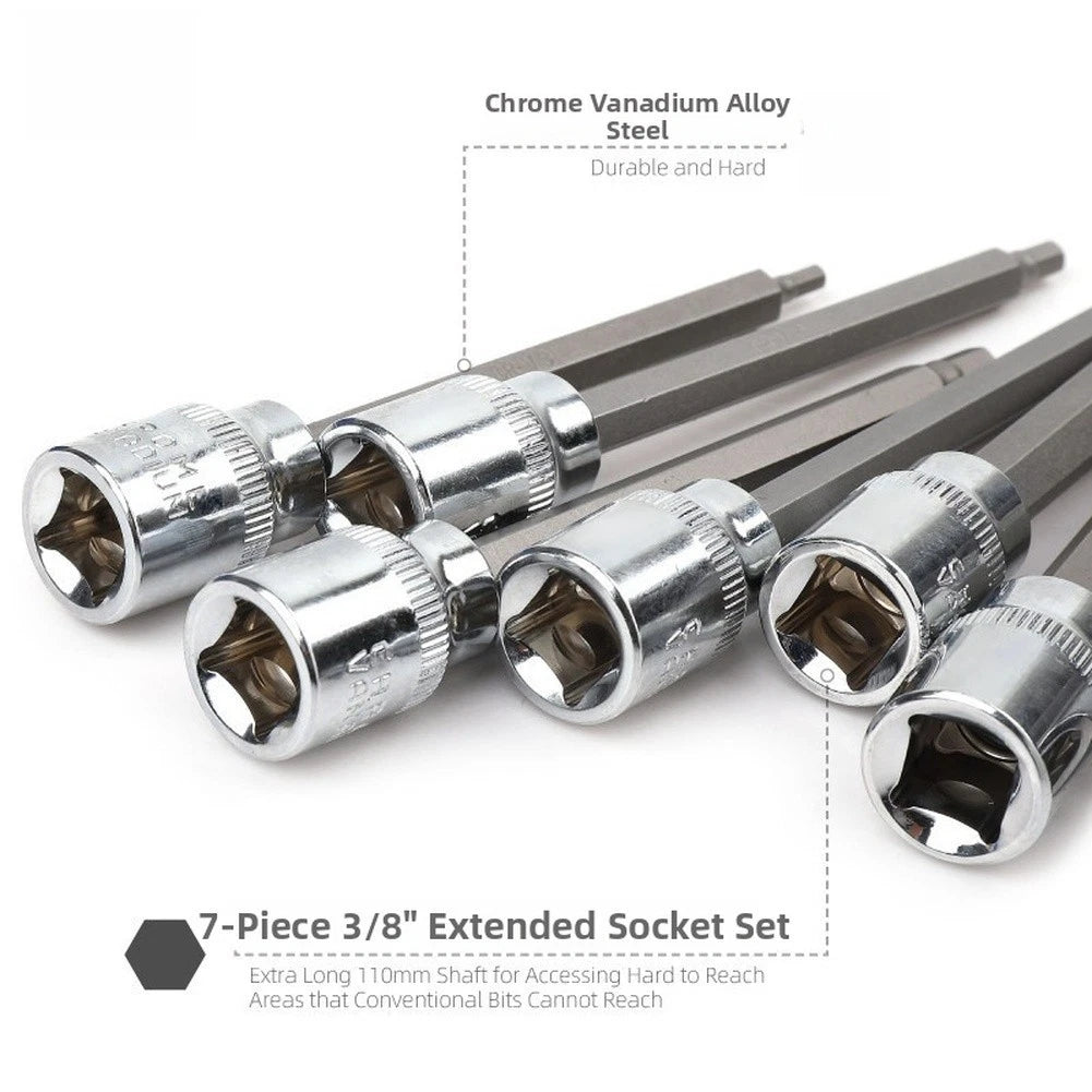 FOR CRV 7 Piece 3/8 Drive Chrome Plated Long Hex Bit Socket Wrench Set