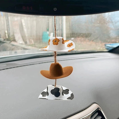 1 set Cowboy Hat Car Charm Rear View Mirror Decorations Accessories Pendant