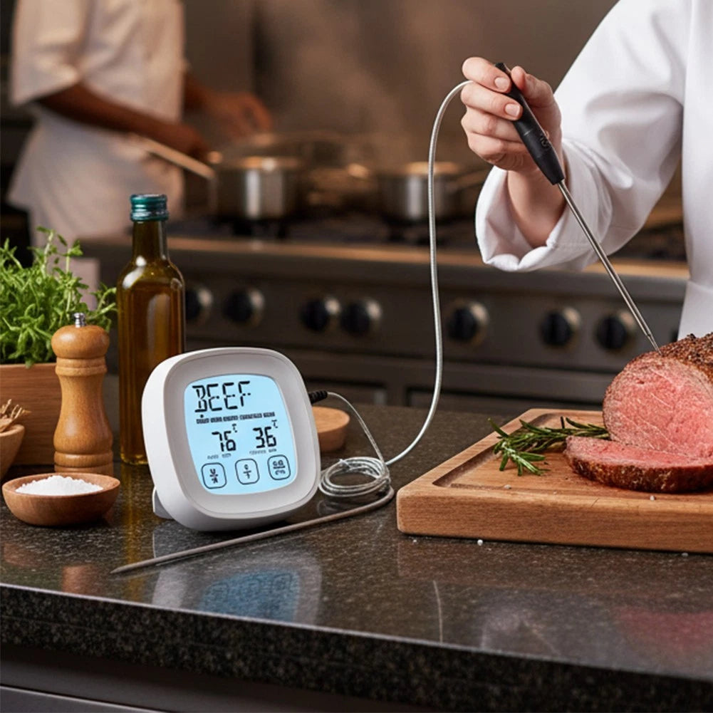 Electronic BBQ Thermometer with Touch Screen and Timer for Grilling Meat