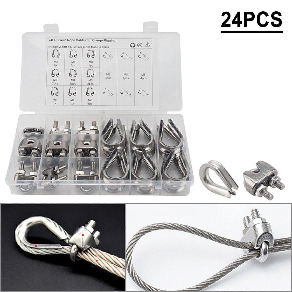24 Pcs M8 Stainless Steel Wire Rope Fixed Clamp with Triangular Ring