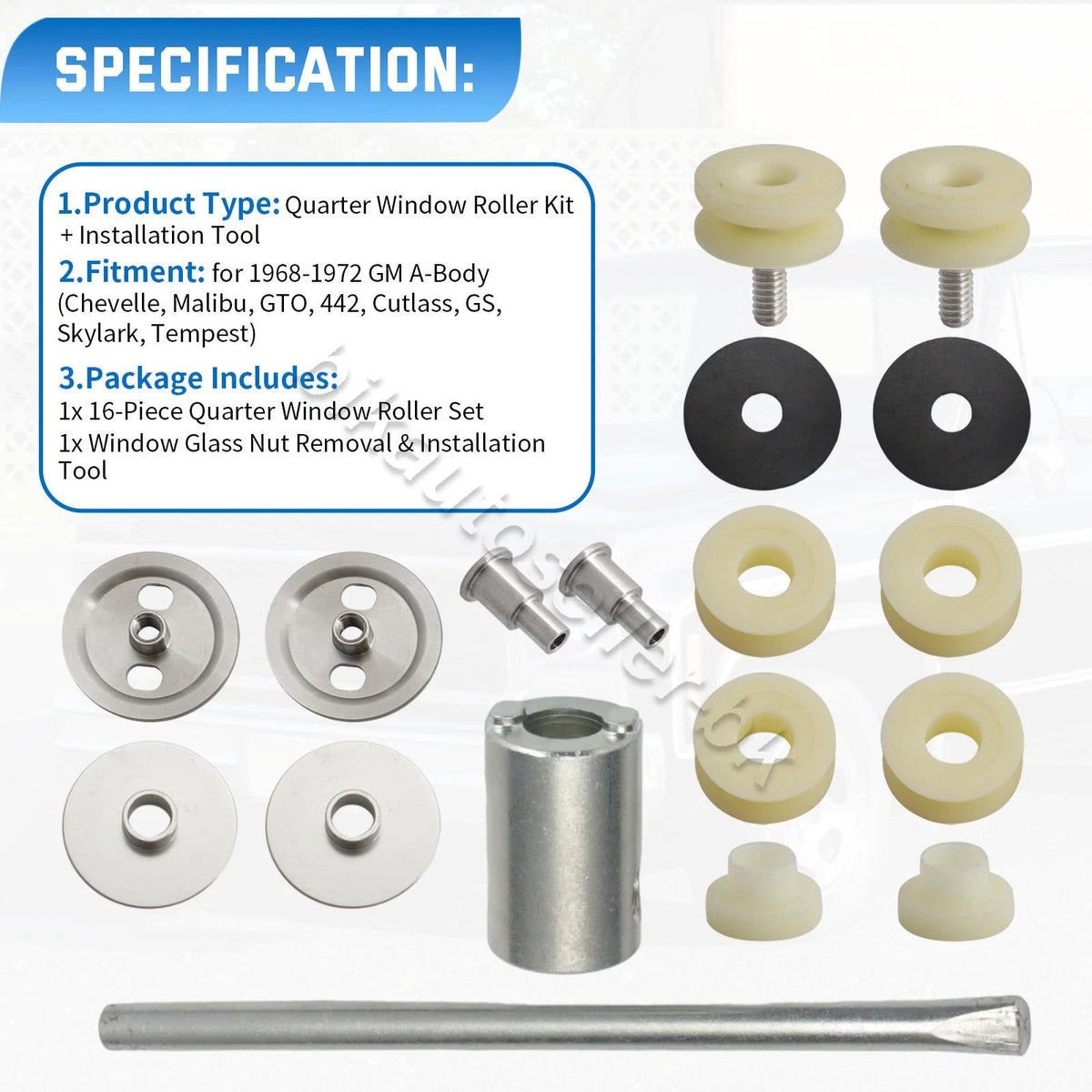 Rear Quarter Window Roller Set with Tool Kit for GM A Body GTO Chevelle (1968–1972)