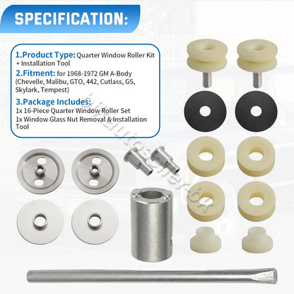 Rear Quarter Window Roller Set with Tool Kit for GM A Body GTO Chevelle (1968–1972)