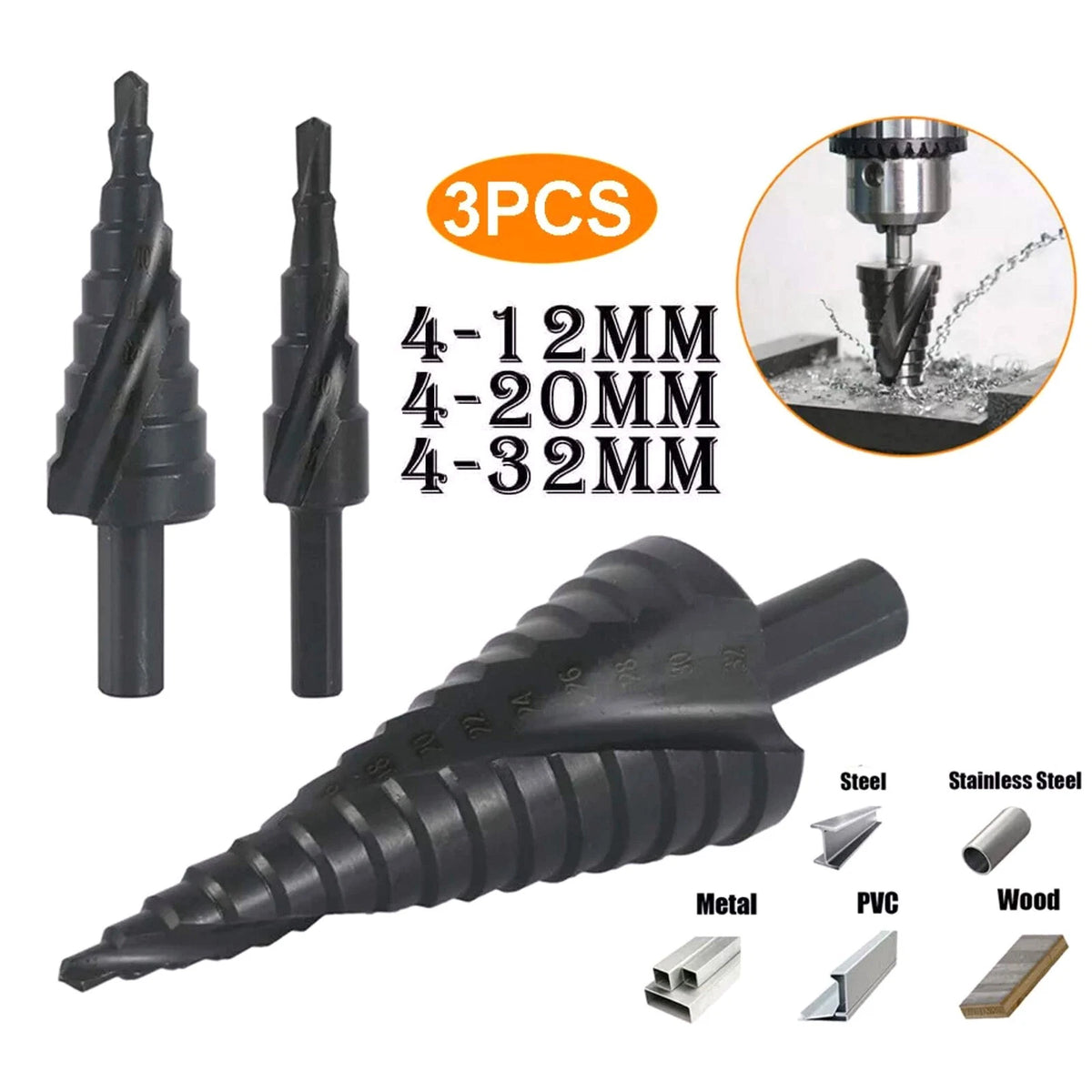 3Pcs HSS Step Drill Bit Set Titanium Metal Hole Cutter