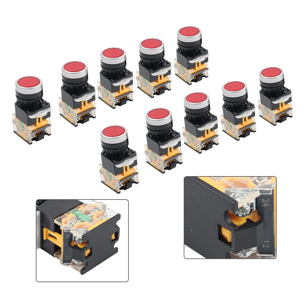 10pcs 22mm Momentary Red Push Button Switch 1NC 1NO DC 220V 10A