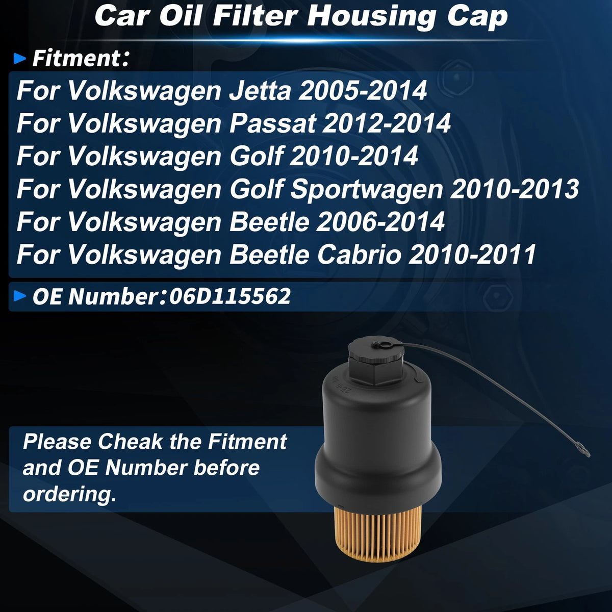 Car Oil Filter Housing Cap for Volkswagen Jetta (2005–2014) 06D115562